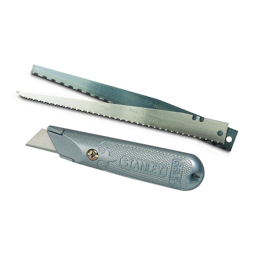 STANLEY 0-10-129 metal hand saw and replacement blades, photography, top angle on white background.