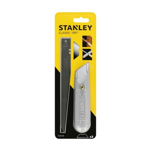 STANLEY 0-10-129 utility knife and blades set in retail packaging, front angle, silver tool and black blades.