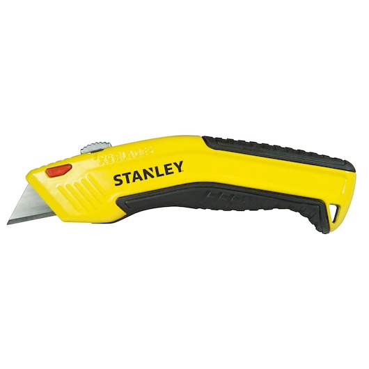 STANLEY 0-10-237 utility knife with yellow and black handle, side view on white background.