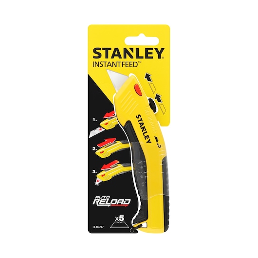 Stanley 0-10-237 utility knife, yellow and black, photographed from front, packaged, InstantFeed feature shown.