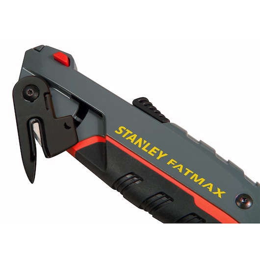 STANLEY 0-10-242 utility knife close-up with grey, black, and red handle and exposed cutting hook.