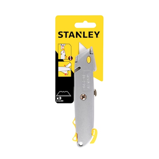 STANLEY 0-10-499 utility knife in silver with yellow accents, photographed in packaging, front angle.