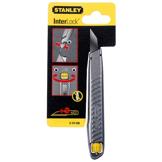 STANLEY 0-10-590 utility knife with InterLock system, metal body and yellow lock, front view on packaging.