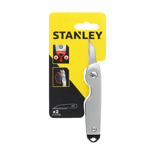 STANLEY 0-10-598 folding utility knife, silver handle, front angle on packaging.