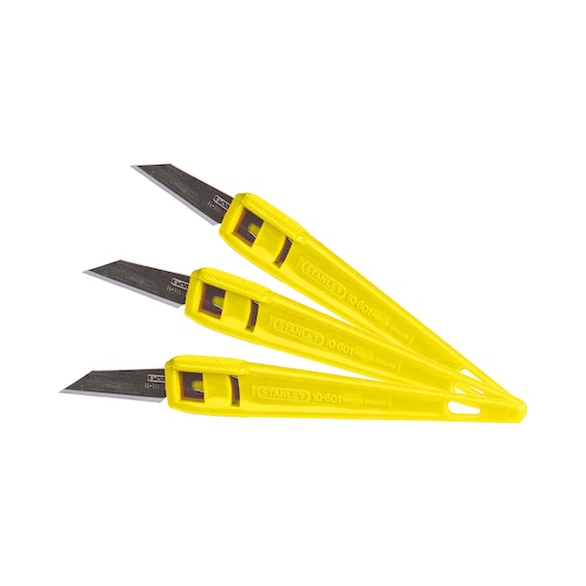 STANLEY 0-10-601 set of three yellow utility knives with fixed blades, top view on white background.