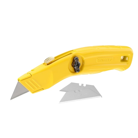 STANLEY 0-10-707 yellow utility knife with spare blades, product side view, photography category.