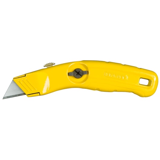 Photo of STANLEY 0-10-707 yellow utility knife, side view, with metal blade and ergonomic handle.