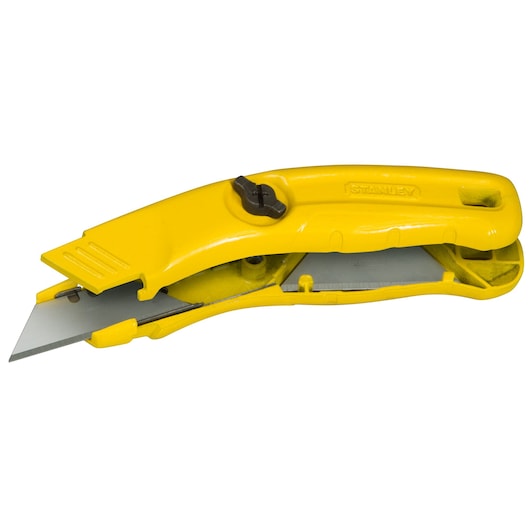 STANLEY 0-10-707 yellow utility knife side view, showing extended blade and ergonomic handle.