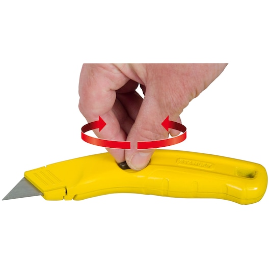 STANLEY 0-10-707 yellow utility knife with hand turning screw, product side view.