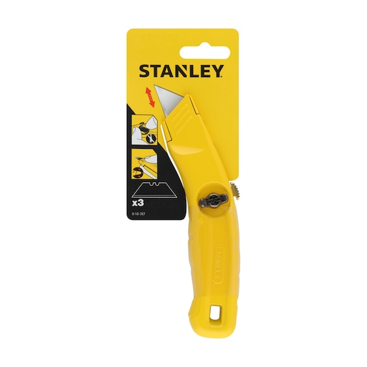 STANLEY 0-10-707 folding utility knife, yellow, front angle, with packaging and blade visible.