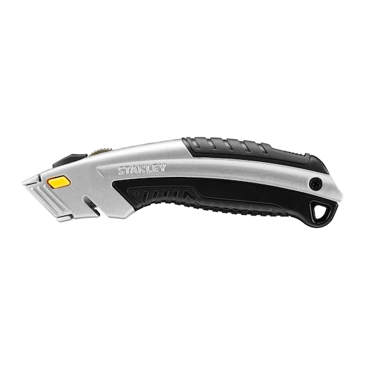 STANLEY 0-10-788 utility knife, silver and black, right-side view, textured grip and yellow button.