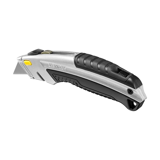 STANLEY 0-10-788 utility knife with black and silver ergonomic handle, side view on white background.