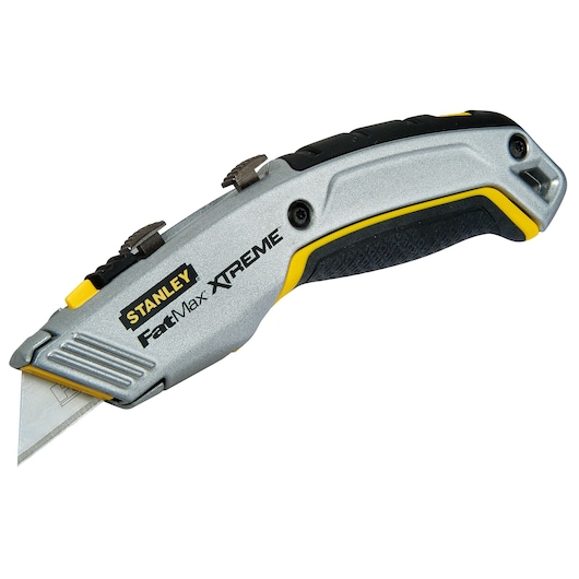 STANLEY 0-10-789 utility knife photography, silver and black handle, angled left on white background.