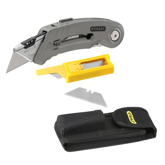 Stanley folding utility knife kit with extra blades, yellow blade dispenser and black pouch.