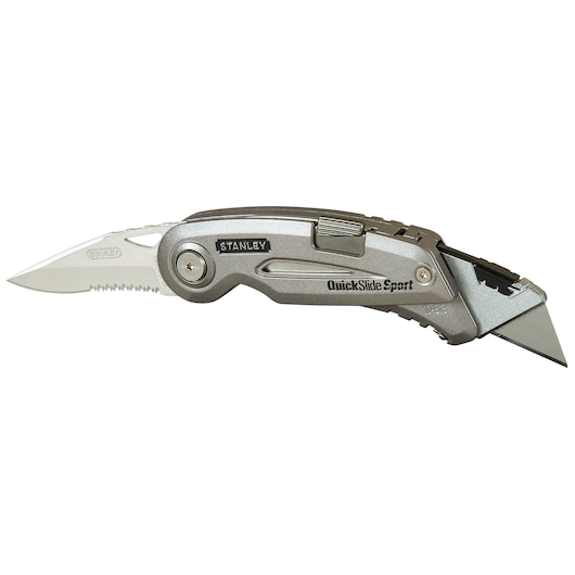 STANLEY 0-10-813 folding utility knife with serrated edge, silver finish, side view on white background.