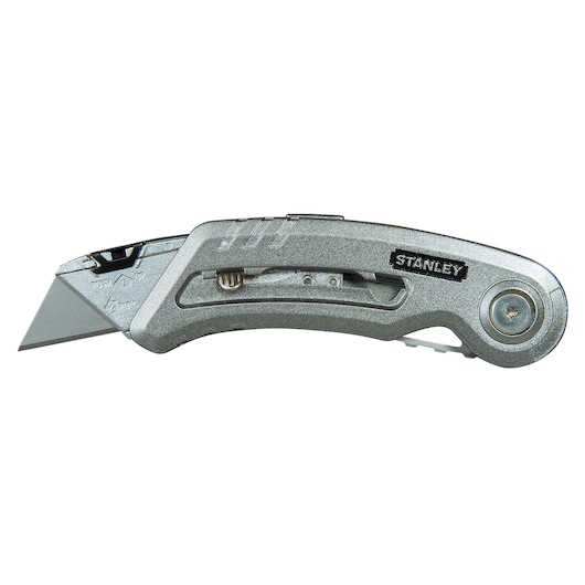 STANLEY 0-10-813 utility knife, silver folding design, side view on white background.