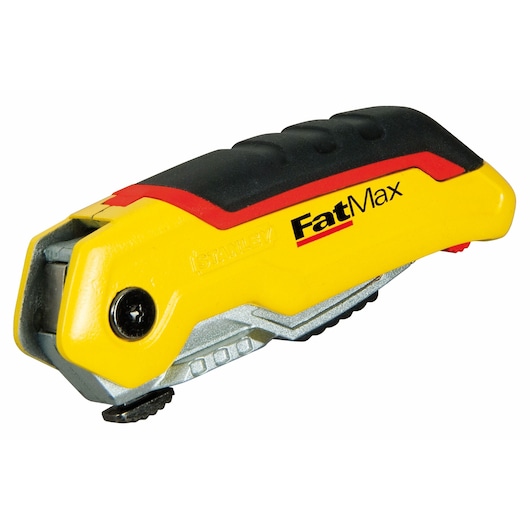 Stanley FatMax utility knife with yellow and black handle, closed blade.