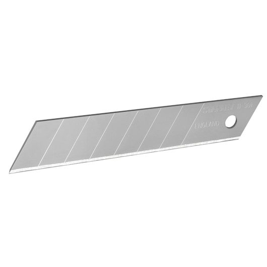 STANLEY 0-11-301 snap-off utility knife blade, silver, for cutting tools, side angle on white background.