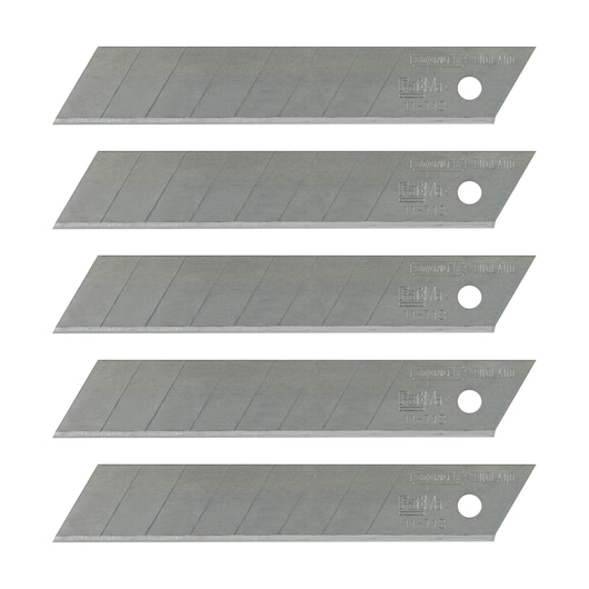 STANLEY 0-11-718 snap-off utility blades, silver, five blades shown, top angle on white background.
