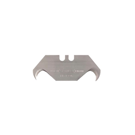 STANLEY 0-11-983 hooked trapezoid utility blade, silver, front angle, on white background.