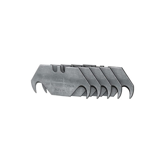 STANLEY 0-11-983 hook utility blades, set of five, silver steel, front angle on white background.