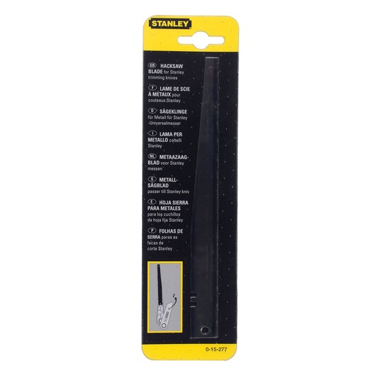 Stanley 0-15-277 hacksaw blade for trimming knives in retail packaging, front angle.