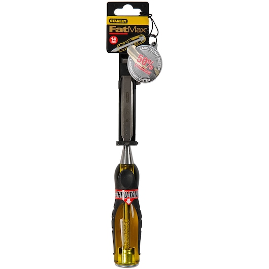 STANLEY 0-16-255 FatMax chisel, 14 mm, with yellow and black handle, front angle photo.