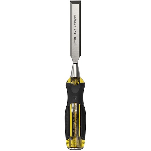 STANLEY 0-16-258 wood chisel with steel blade and yellow-black ergonomic handle, angled on white background.