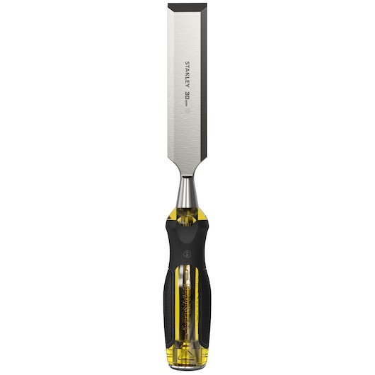 STANLEY 0-16-262 wood chisel with yellow and black handle, front angle on white background.