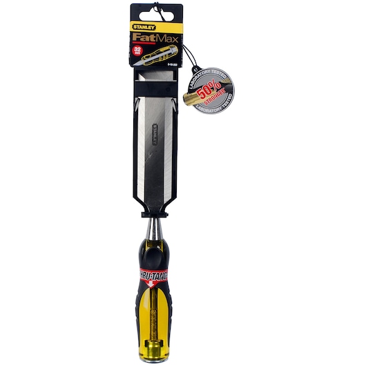 STANLEY 0-16-263 FatMax chisel with black and yellow handle, front view on white background.