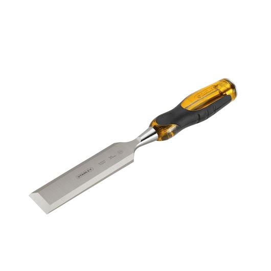 STANLEY 0-16-264 chisel with steel blade and yellow-black ergonomic handle, angled view on white background.