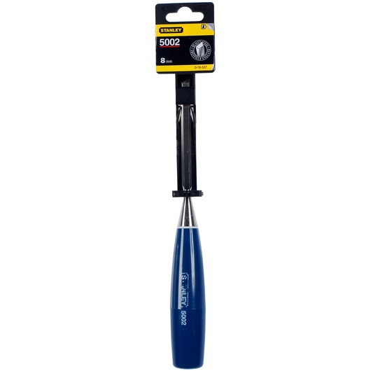 STANLEY 0-16-537 wood chisel with blue handle, 8mm size, packaging shown, front angle.