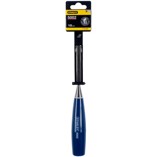 STANLEY 0-16-539 woodworking chisel, 10mm blade, blue handle, front angle, product packaging visible.