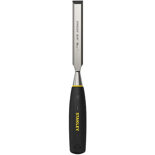 Photo of STANLEY 0-16-545 woodworking chisel with blue handle, side angle on white background.