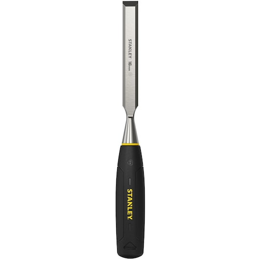 Stanley wood chisel with black and yellow handle, 16mm blade, used for woodworking tasks.