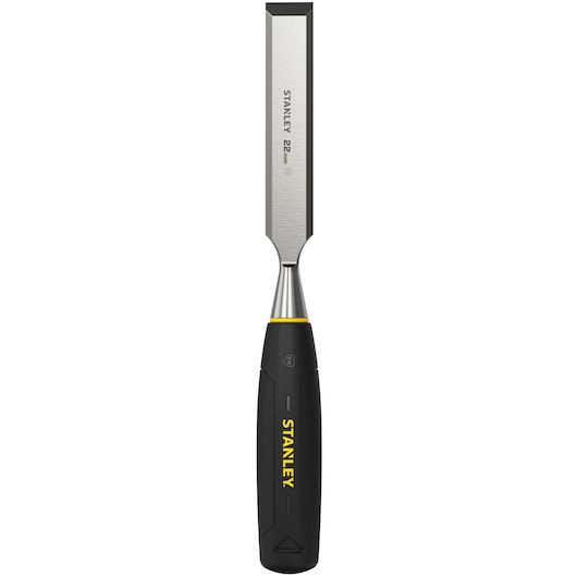 Stanley 22mm wood chisel with black and yellow handle, used for carpentry and woodworking tasks.