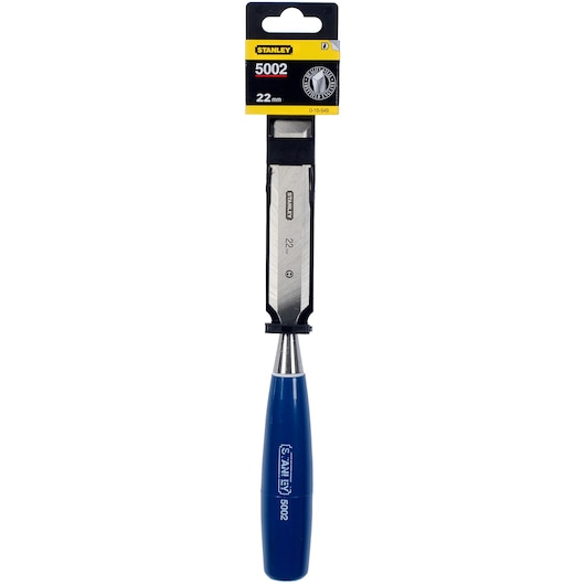 STANLEY 0-16-549 woodworking chisel 22mm with blue handle, front angle photo on white background.