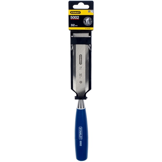 STANLEY 0-16-554 woodworking chisel with blue handle, 32mm blade, front view on white background.