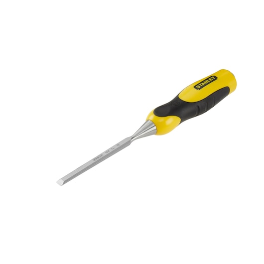 Stanley woodworking chisel with yellow and black handle, flat metal blade, shown against a white background.