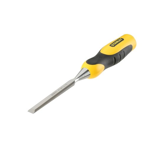 Stanley chisel with yellow and black handle and metal blade on white background.