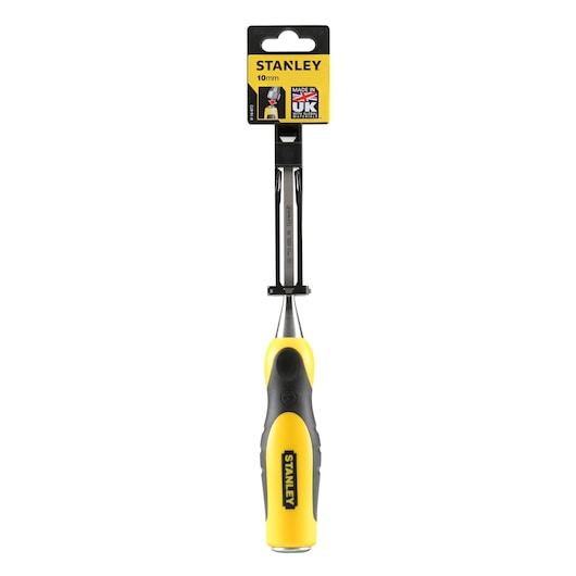 STANLEY 0-16-872 chisel with yellow and black handle, 10mm size, front angle on white background.