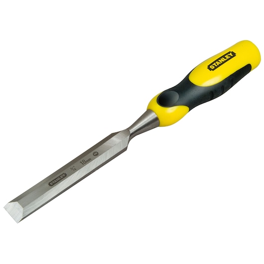 Stanley chisel with yellow and black handle, used for woodworking and carving.