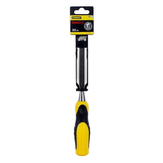 STANLEY 0-16-879 wood chisel, DynaGrip handle, yellow and black, 22mm, front angle, white background.