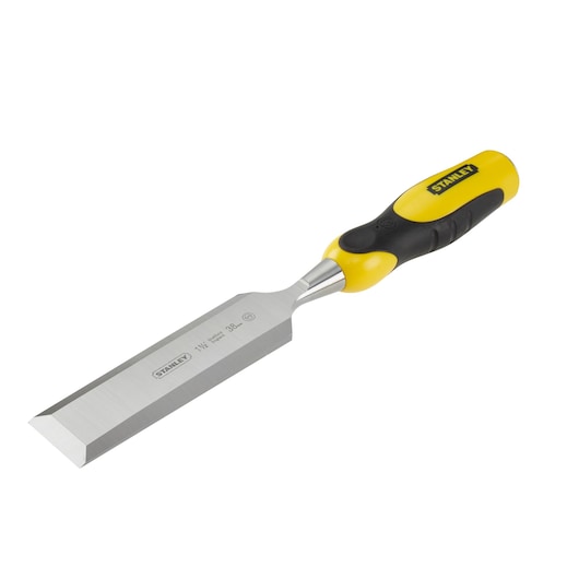 Stanley wood chisel with a yellow and black handle and a sharp steel blade, suitable for woodworking tasks.