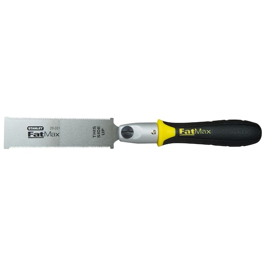 Photo of STANLEY 0-20-331 FatMax dovetail saw with black and yellow handle, straight-on angle on white background.