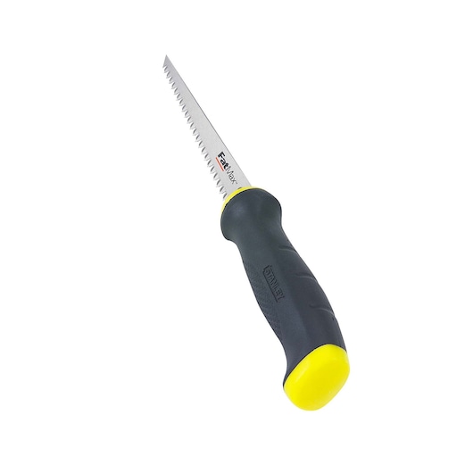 Stanley folding saw with a black and yellow ergonomic handle and serrated blade, displayed on a white background.