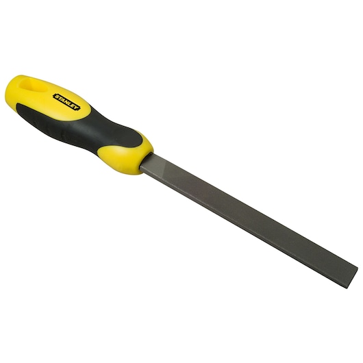 STANLEY 0-22-451 hand file with yellow and black ergonomic handle, side view on white background.
