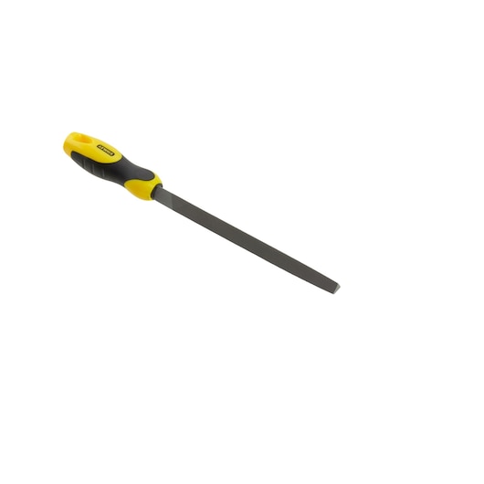 Stanley hand file with yellow and black handle, used for smoothing materials in woodworking and metalwork.