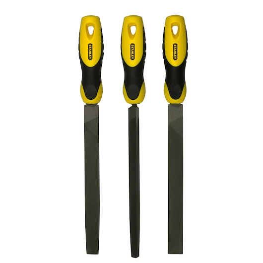 Three STANLEY metal files with yellow and black handles, arranged vertically side by side on a white background.