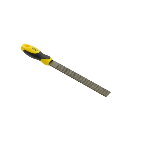 Stanley hand file with yellow and black handle, used for smoothing and shaping materials.